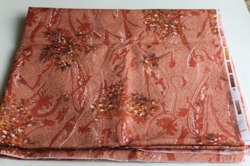 catalog photo of 70s silky poly fabric, shantung texture polyester, retro paisley floral print 