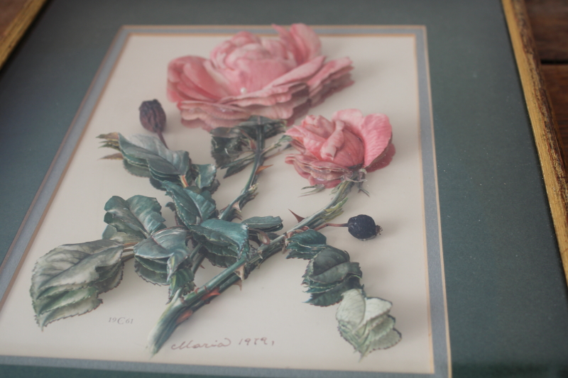 photo of 70s vintage 3D paper cutting art, framed roses botanical print, deep shadowbox frame  #2