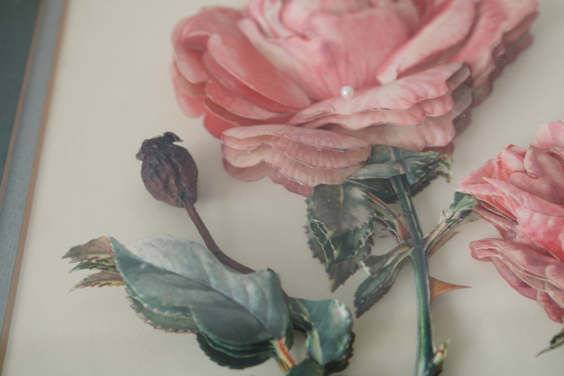 photo of 70s vintage 3D paper cutting art, framed roses botanical print, deep shadowbox frame  #3