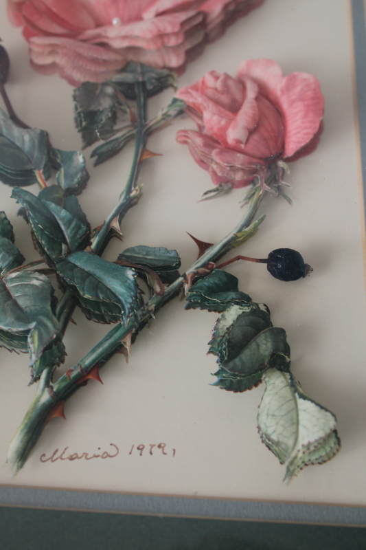photo of 70s vintage 3D paper cutting art, framed roses botanical print, deep shadowbox frame  #4