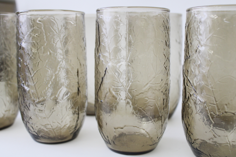 photo of 70s vintage Anchor Hocking brown smoke Sherwood leaf texture glass highball glasses   #2