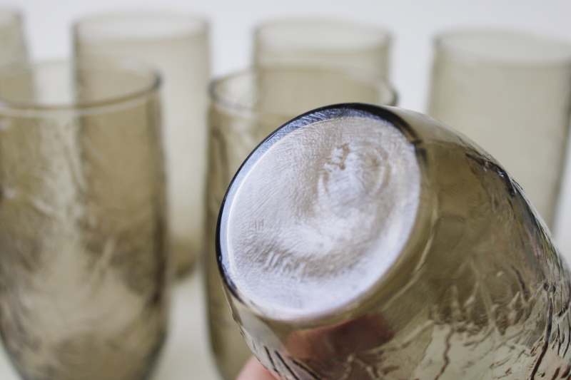 photo of 70s vintage Anchor Hocking brown smoke Sherwood leaf texture glass highball glasses   #3