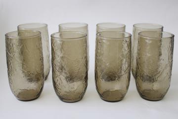 70s vintage Anchor Hocking brown smoke Sherwood leaf texture glass highball glasses  