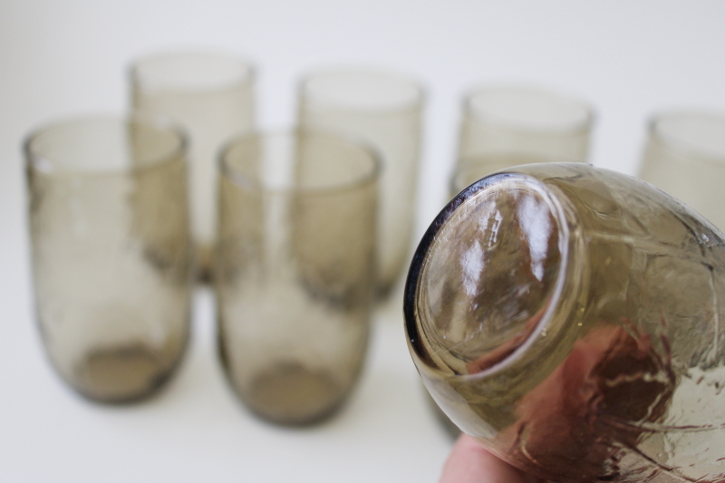 photo of 70s vintage Anchor Hocking brown smoke Sherwood leaf texture glass juice glasses   #2