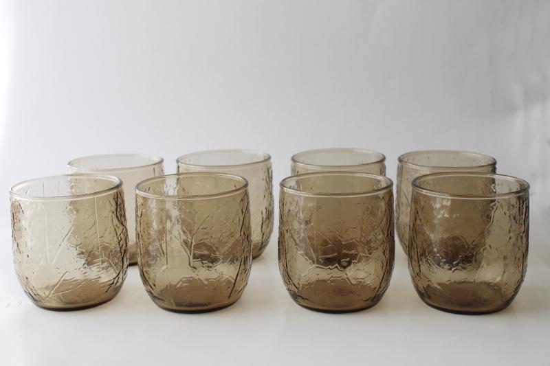 photo of 70s vintage Anchor Hocking brown smoke Sherwood leaf texture glass lowball glasses #1