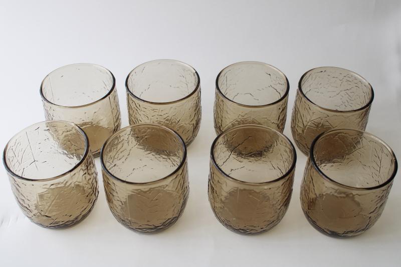 photo of 70s vintage Anchor Hocking brown smoke Sherwood leaf texture glass lowball glasses #2