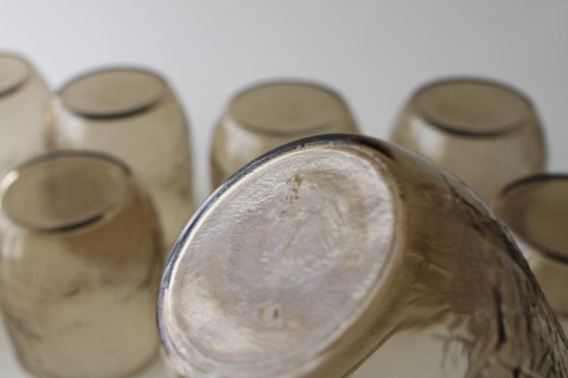 photo of 70s vintage Anchor Hocking brown smoke Sherwood leaf texture glass lowball glasses #4