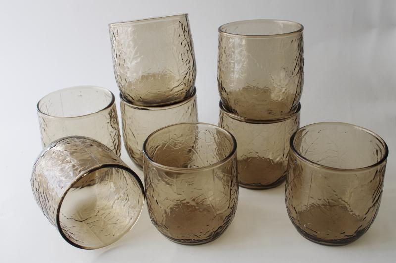 photo of 70s vintage Anchor Hocking brown smoke Sherwood leaf texture glass lowball glasses #5