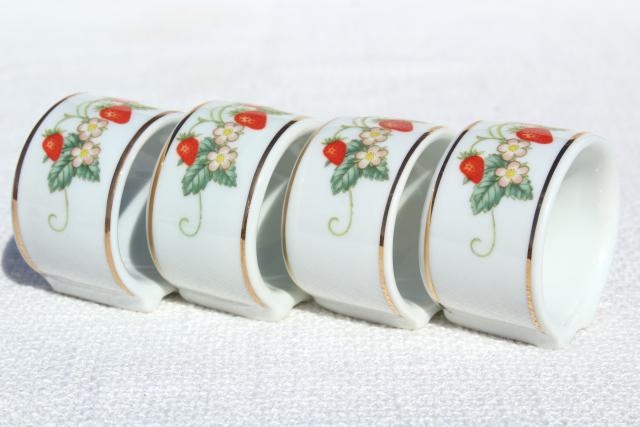 photo of 70s vintage Avon strawberry pattern china napkin rings, set of 4 napkin holders w/ red strawberries #2