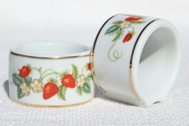 photo of 70s vintage Avon strawberry pattern china napkin rings, set of 4 napkin holders w/ red strawberries #5