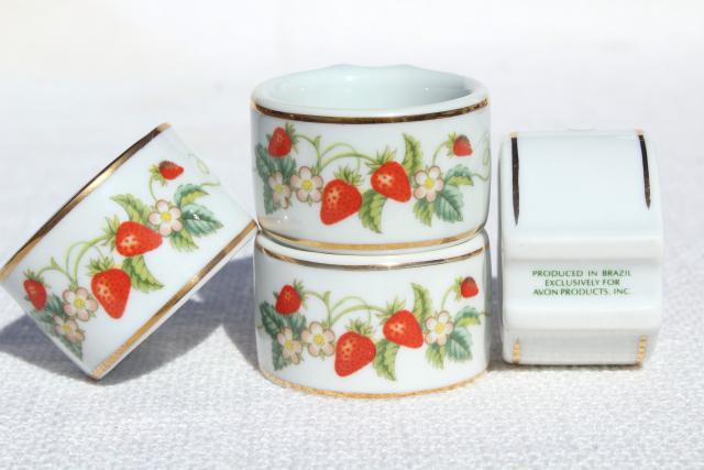 photo of 70s vintage Avon strawberry pattern china napkin rings, set of 4 napkin holders w/ red strawberries #6