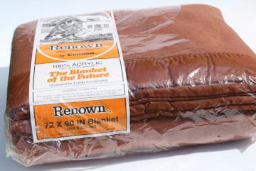 catalog photo of 70s vintage Cannon acrylic bed blanket, new in package, chestnut brown solid color