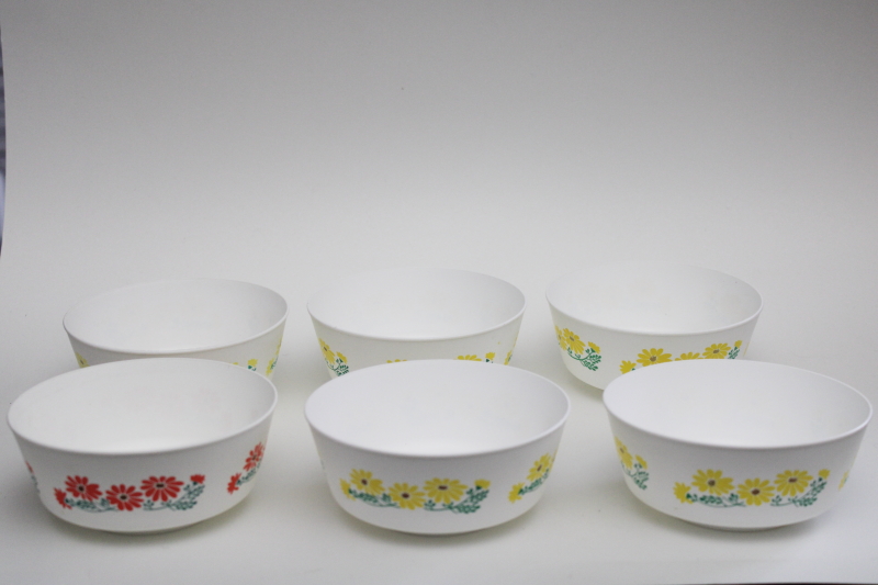 photo of 70s vintage Chiffonware plastic margarine tub bowls, yellow coral flowers print #1