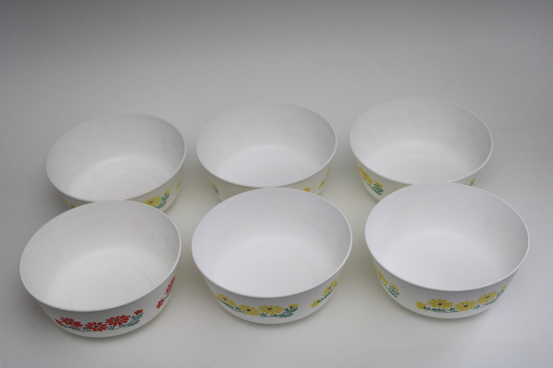 photo of 70s vintage Chiffonware plastic margarine tub bowls, yellow coral flowers print #2