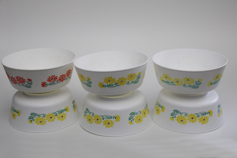 photo of 70s vintage Chiffonware plastic margarine tub bowls, yellow coral flowers print #5