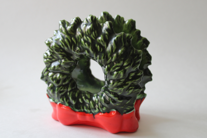 photo of 70s vintage Christmas wreath handmade ceramic napkin holder or mail rack for holiday greeting cards #1