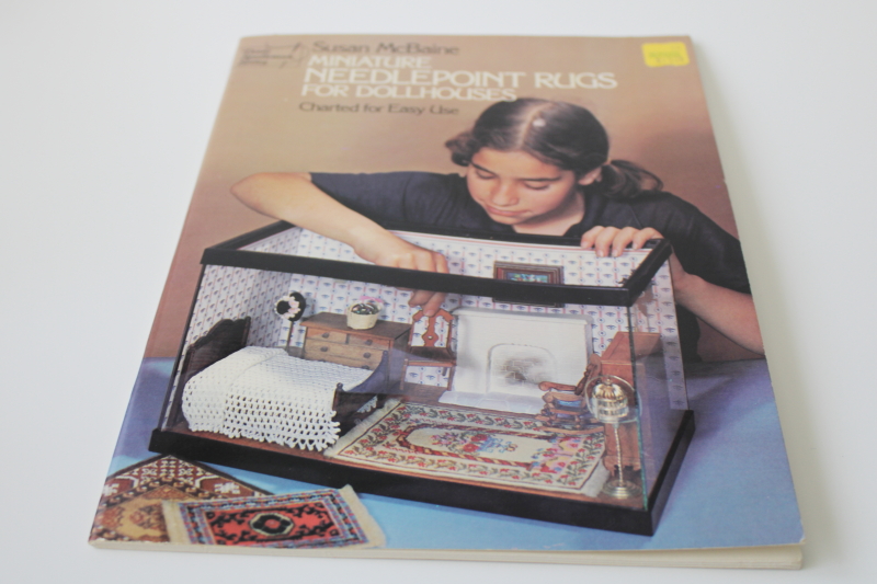 photo of 70s vintage Dover book, charted needlepoint designs miniature rugs dollhouse scale #1