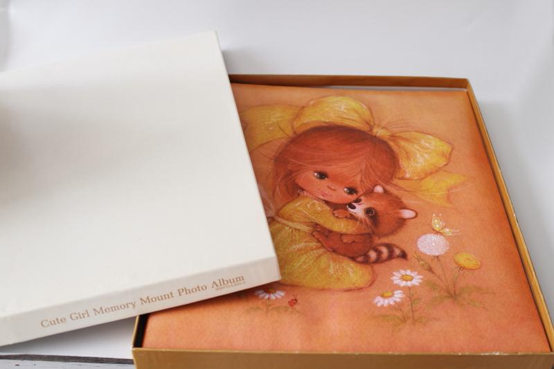 photo of 70s vintage Hallmark photo album Cute Girl w/ baby raccoon on sherbet orange color #1