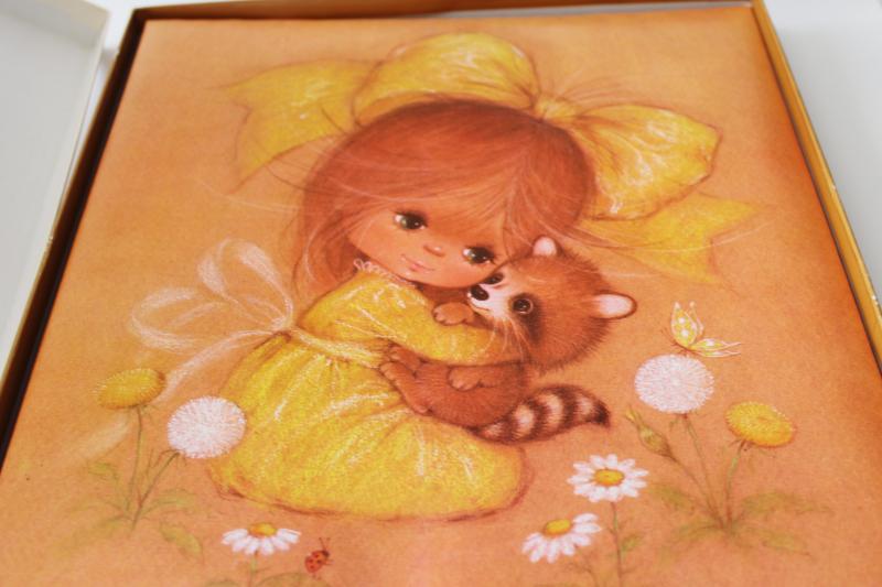 photo of 70s vintage Hallmark photo album Cute Girl w/ baby raccoon on sherbet orange color #3