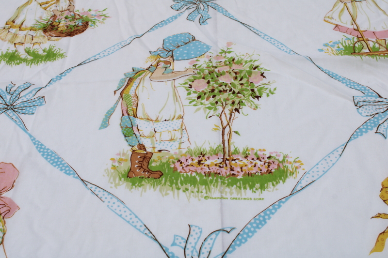 photo of 70s vintage Holly Hobbie girls American Greetings print cotton poly fabric flat sheet  #3