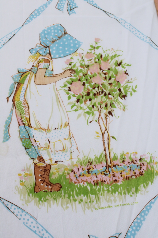 photo of 70s vintage Holly Hobbie girls American Greetings print cotton poly fabric flat sheet  #6