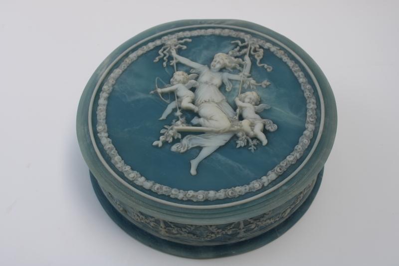 photo of 70s vintage Incolay stone jewelry box, blue & white jasperware style classical scene #1