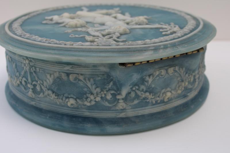 photo of 70s vintage Incolay stone jewelry box, blue & white jasperware style classical scene #6