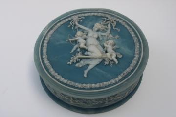 catalog photo of 70s vintage Incolay stone jewelry box, blue & white jasperware style classical scene