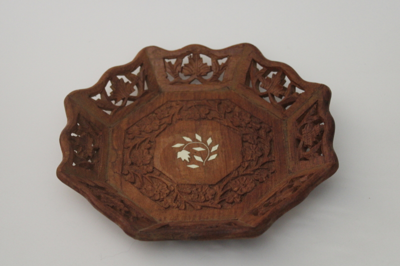 photo of 70s vintage India carved wood bowl, openwork edge w/ flowers, girly hippie trinket dish #1