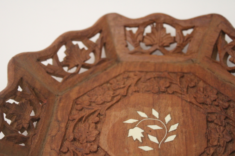 photo of 70s vintage India carved wood bowl, openwork edge w/ flowers, girly hippie trinket dish #2