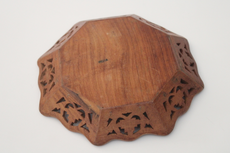 photo of 70s vintage India carved wood bowl, openwork edge w/ flowers, girly hippie trinket dish #3