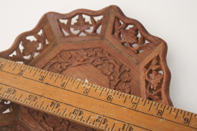 photo of 70s vintage India carved wood bowl, openwork edge w/ flowers, girly hippie trinket dish #4