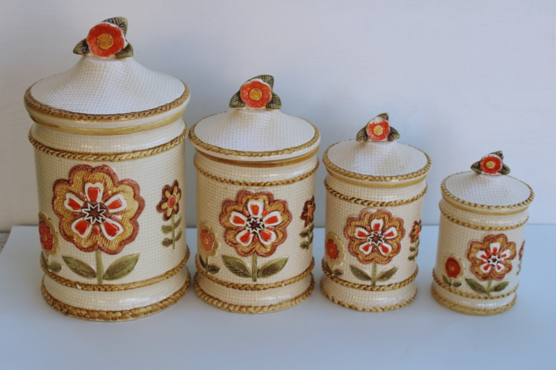 photo of 70s vintage Japan ceramic canisters, mod daisy flowers kitchen canister set, nice & clean  #1