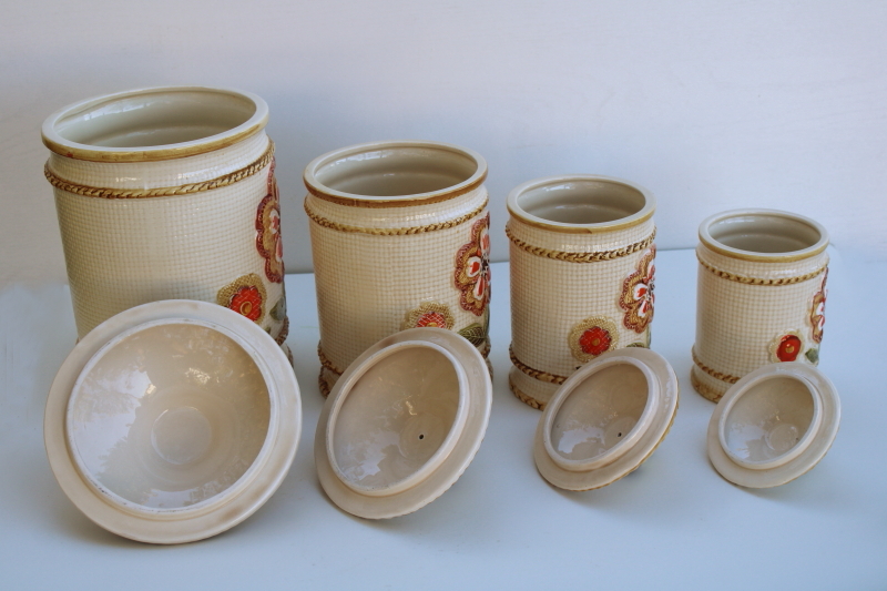 photo of 70s vintage Japan ceramic canisters, mod daisy flowers kitchen canister set, nice & clean  #3