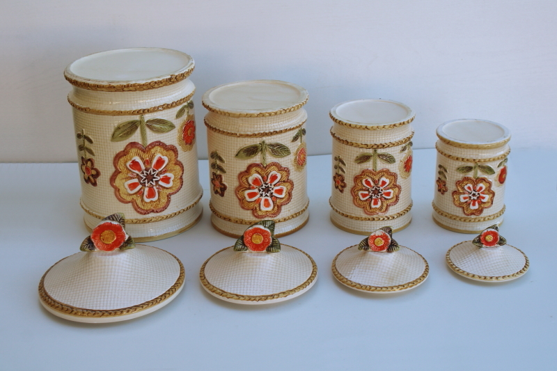 photo of 70s vintage Japan ceramic canisters, mod daisy flowers kitchen canister set, nice & clean  #4