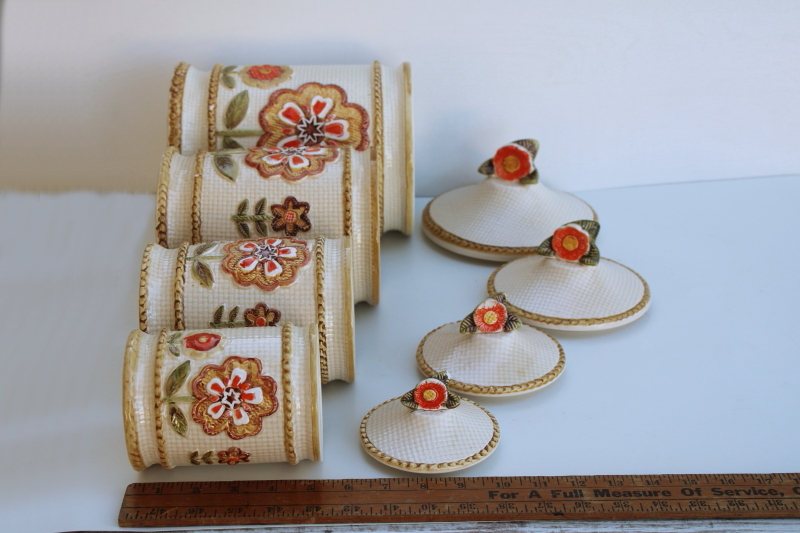 photo of 70s vintage Japan ceramic canisters, mod daisy flowers kitchen canister set, nice & clean  #5