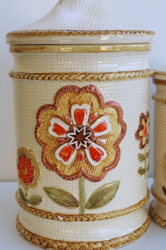 photo of 70s vintage Japan ceramic canisters, mod daisy flowers kitchen canister set, nice & clean  #6