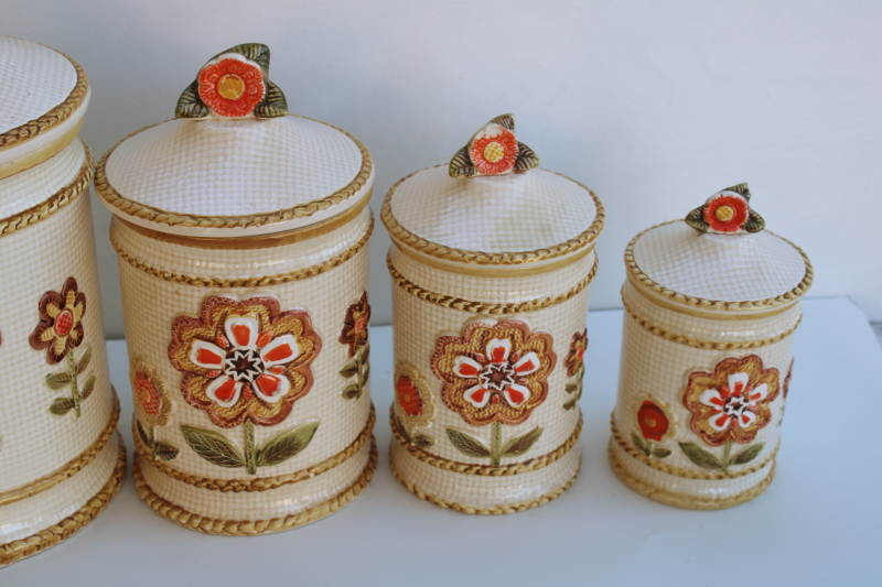 photo of 70s vintage Japan ceramic canisters, mod daisy flowers kitchen canister set, nice & clean  #7