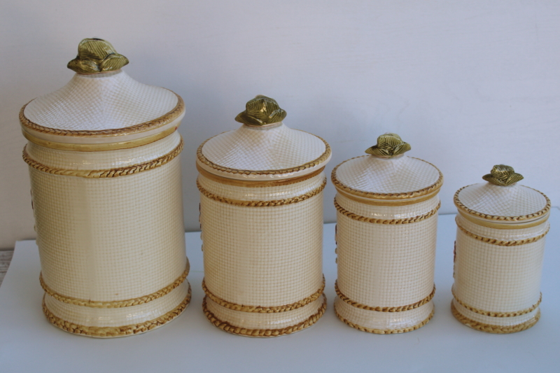 photo of 70s vintage Japan ceramic canisters, mod daisy flowers kitchen canister set, nice & clean  #10