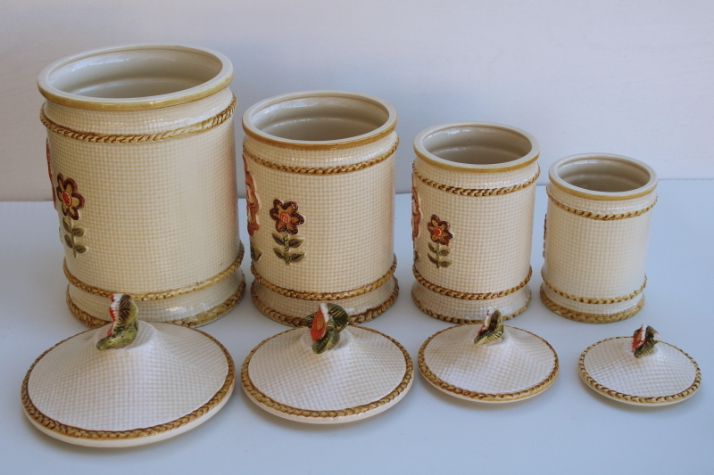 photo of 70s vintage Japan ceramic canisters, mod daisy flowers kitchen canister set, nice & clean  #11