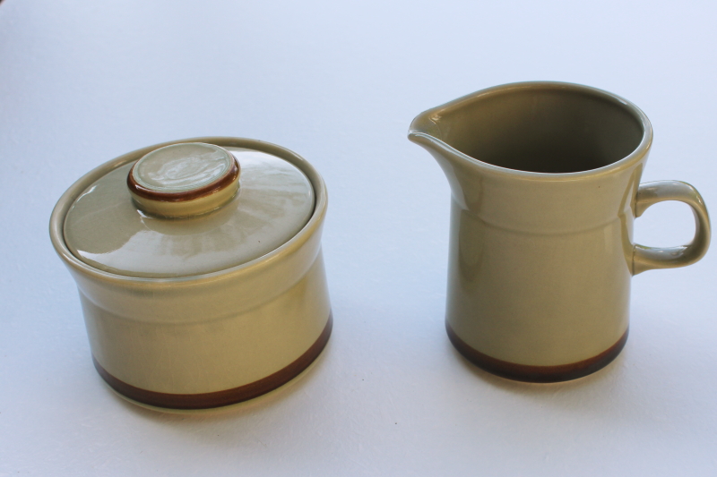 photo of 70s vintage Japan ceramic creamer & sugar set, stoneware pottery pitcher & covered bowl #1