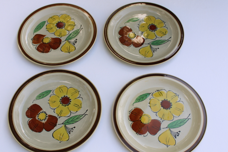 photo of 70s vintage Japan ceramic plates w/ boho flowers, heavy stoneware pottery dinnerware #1