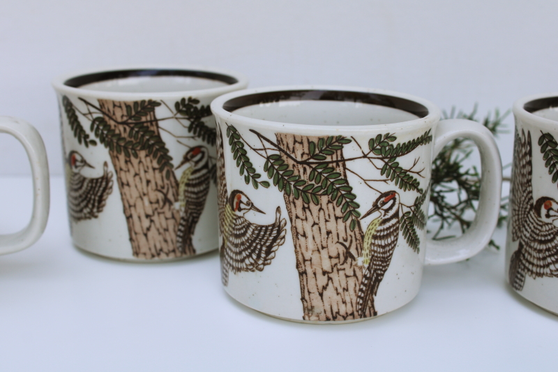 photo of 70s vintage Japan stoneware mugs w/ woodpeckers, birds in pine tree rustic natural woodland print  #2