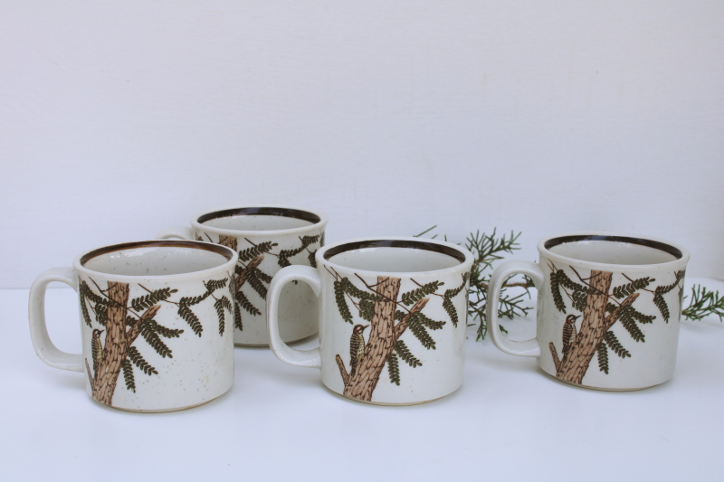 photo of 70s vintage Japan stoneware mugs w/ woodpeckers, birds in pine tree rustic natural woodland print  #3