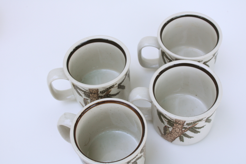 photo of 70s vintage Japan stoneware mugs w/ woodpeckers, birds in pine tree rustic natural woodland print  #4