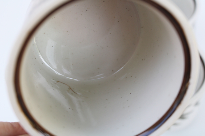 photo of 70s vintage Japan stoneware mugs w/ woodpeckers, birds in pine tree rustic natural woodland print  #5