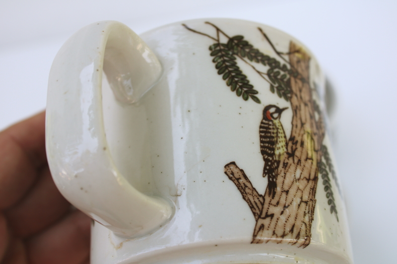 photo of 70s vintage Japan stoneware mugs w/ woodpeckers, birds in pine tree rustic natural woodland print  #6