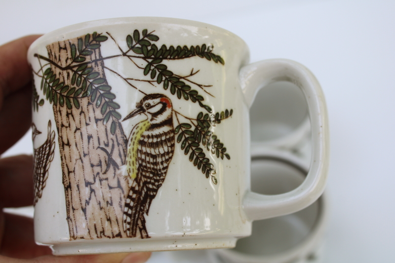 photo of 70s vintage Japan stoneware mugs w/ woodpeckers, birds in pine tree rustic natural woodland print  #7