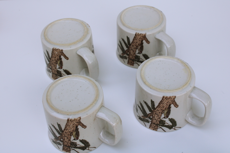 photo of 70s vintage Japan stoneware mugs w/ woodpeckers, birds in pine tree rustic natural woodland print  #8