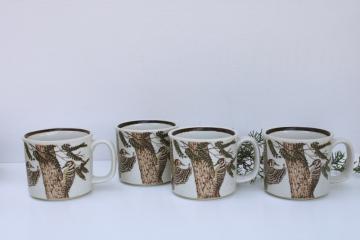catalog photo of 70s vintage Japan stoneware mugs w/ woodpeckers, birds in pine tree rustic natural woodland print 